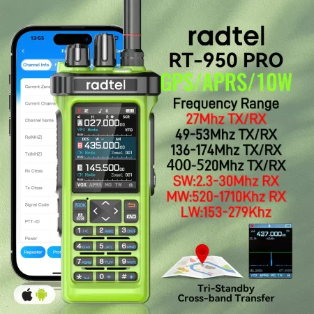 Radtel RT-950 PRO Green Bluetooth GPS APRS Programmable RGB Screen Frequency FM/SSB+71cm Dual-band 86mhz Ham Handtalkie W/ APP